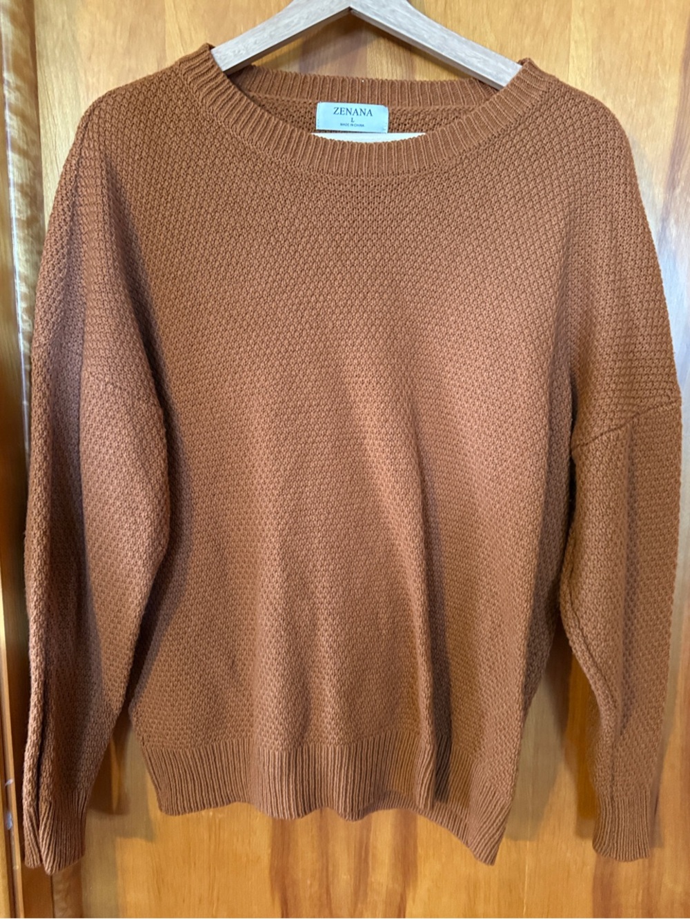 Zenana Outfitters Waffle-Knit Crewneck Sweater — Burnt Orange